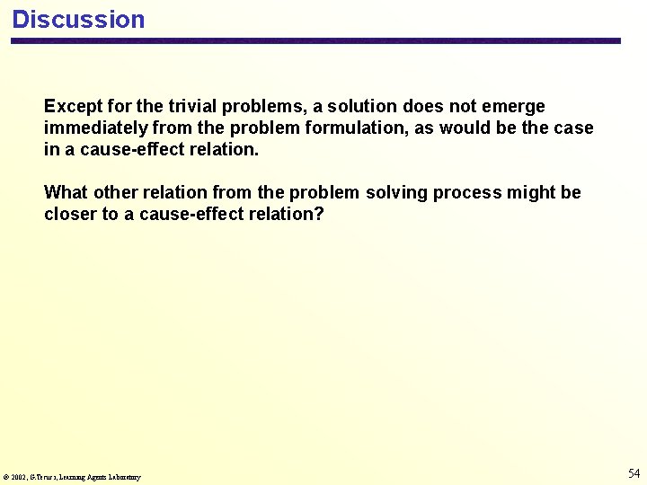 Discussion Except for the trivial problems, a solution does not emerge immediately from the