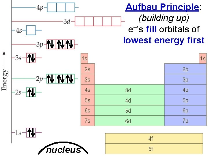 Electron Arrangement in Atoms nucleus > Aufbau Principle: (building up) e–’s fill orbitals of
