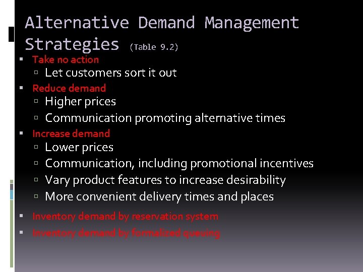 Alternative Demand Management Strategies (Table 9. 2) Take no action Let customers sort it