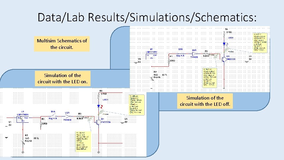 Data/Lab Results/Simulations/Schematics: Multisim Schematics of the circuit. Simulation of the circuit with the LED