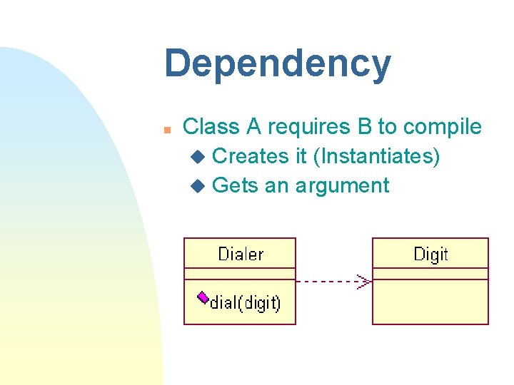 Dependency n Class A requires B to compile u Creates it (Instantiates) u Gets