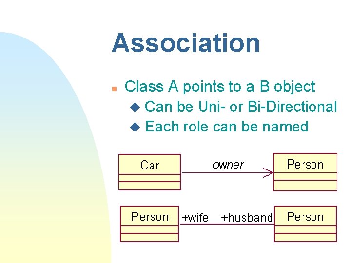 Association n Class A points to a B object u Can be Uni- or