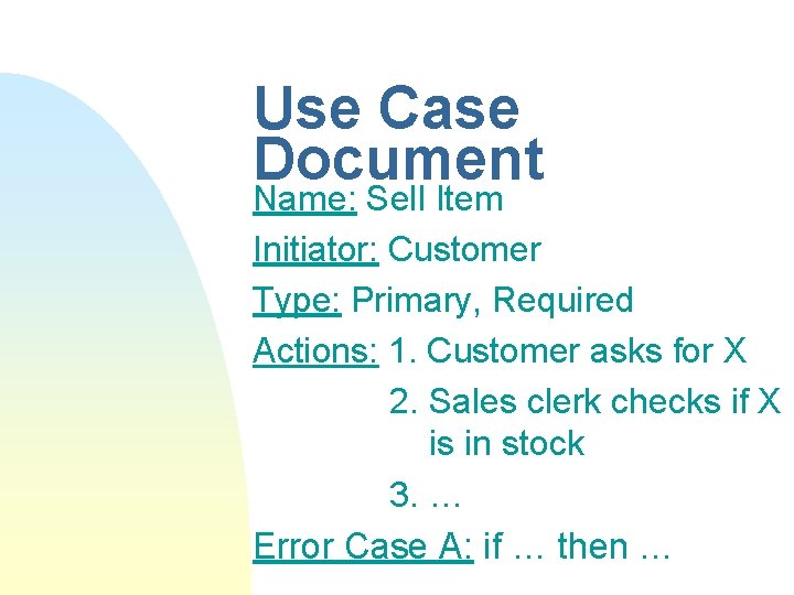 Use Case Document Name: Sell Item Initiator: Customer Type: Primary, Required Actions: 1. Customer