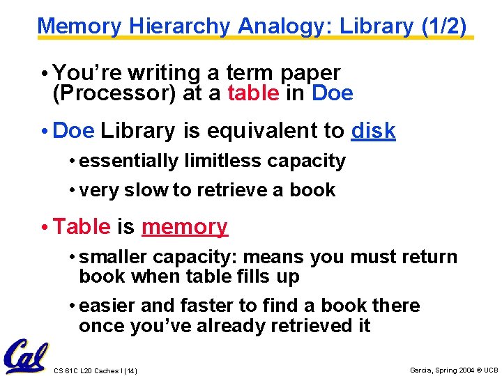 Memory Hierarchy Analogy: Library (1/2) • You’re writing a term paper (Processor) at a