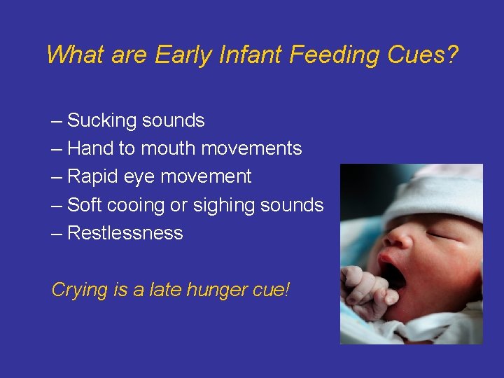 What are Early Infant Feeding Cues? – Sucking sounds – Hand to mouth movements What are Early Infant Feeding Cues? – Sucking sounds – Hand to mouth movements