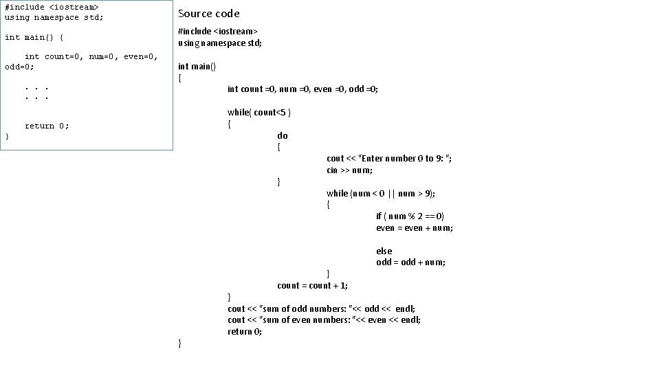 #include <iostream> using namespace std; Source code int main() { #include <iostream> using namespace