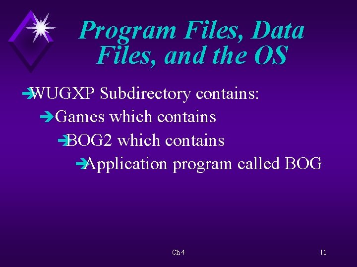 Program Files, Data Files, and the OS è WUGXP Subdirectory contains: èGames which contains