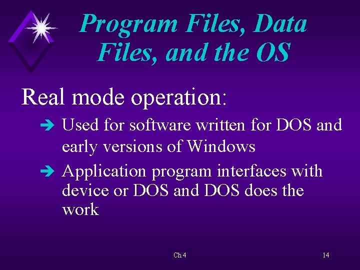 Program Files, Data Files, and the OS Real mode operation: è Used for software