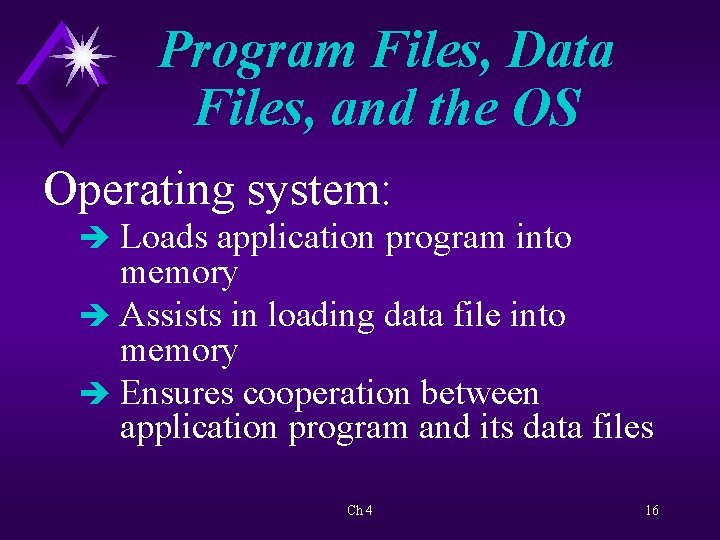 Program Files, Data Files, and the OS Operating system: è Loads application program into