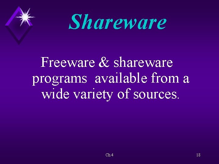 Shareware Freeware & shareware programs available from a wide variety of sources. Ch 4