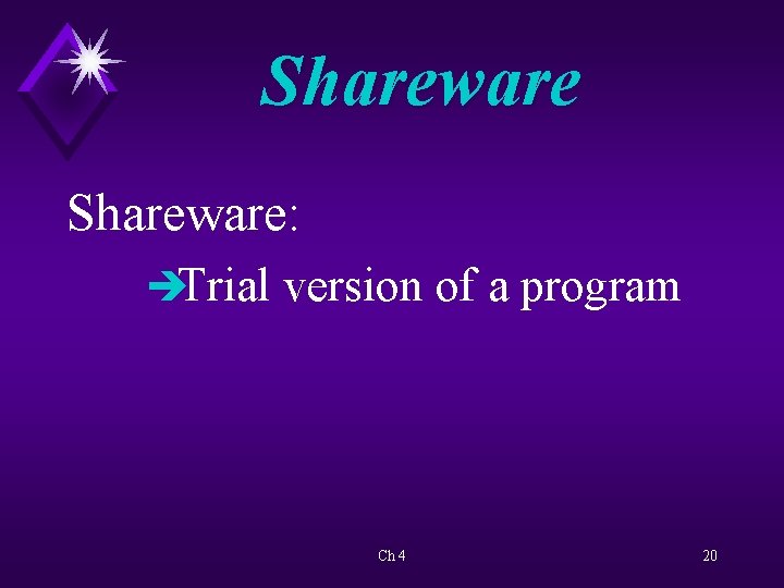Shareware: èTrial version of a program Ch 4 20 