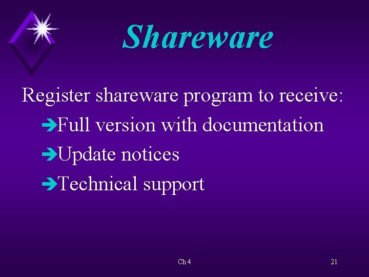 Shareware Register shareware program to receive: èFull version with documentation èUpdate notices èTechnical support