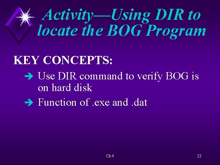 Activity—Using DIR to locate the BOG Program KEY CONCEPTS: è Use DIR command to