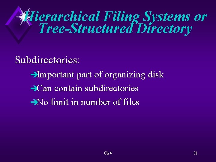 Hierarchical Filing Systems or Tree-Structured Directory Subdirectories: èImportant part of organizing disk èCan contain