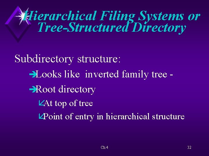 Hierarchical Filing Systems or Tree-Structured Directory Subdirectory structure: èLooks like inverted family tree èRoot
