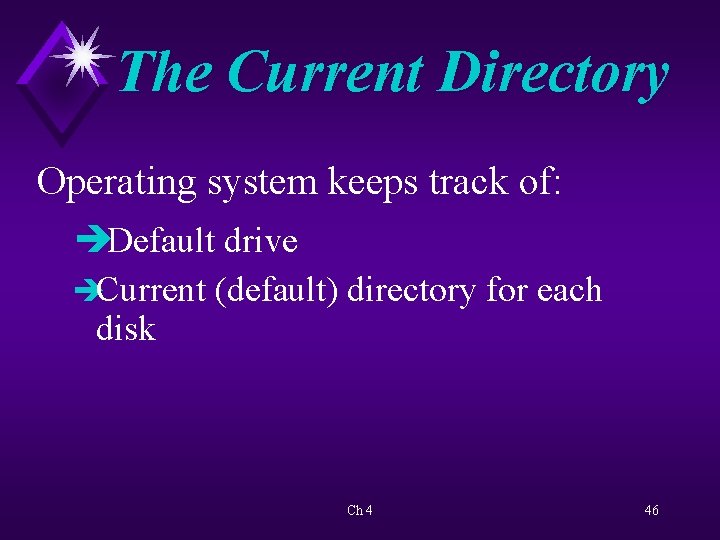 The Current Directory Operating system keeps track of: èDefault drive èCurrent (default) directory for