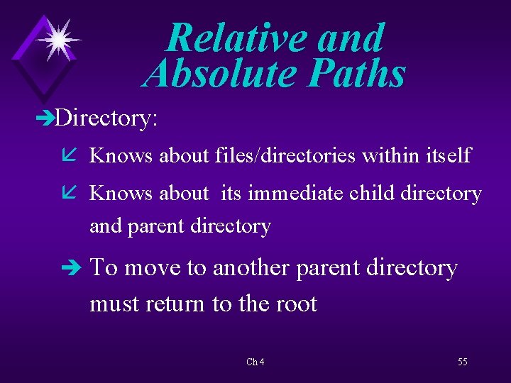 Relative and Absolute Paths èDirectory: å Knows about files/directories within itself å Knows about