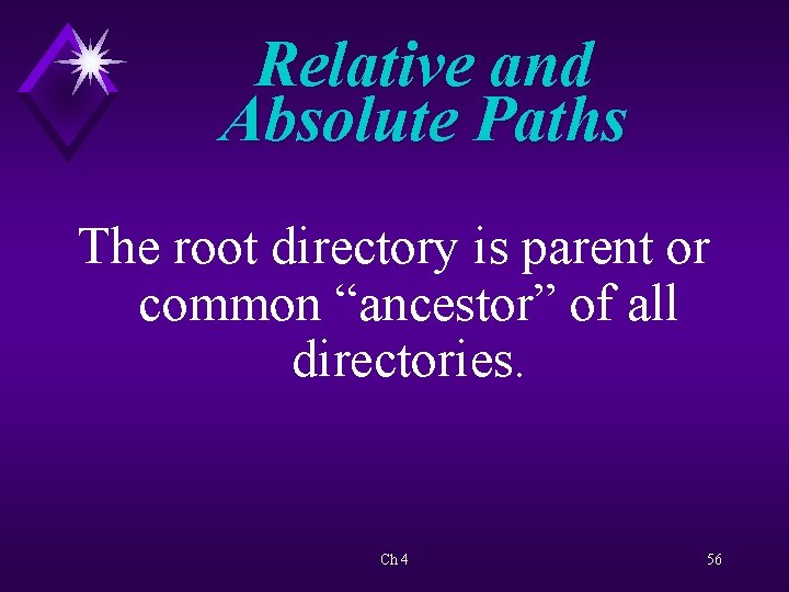 Relative and Absolute Paths The root directory is parent or common “ancestor” of all