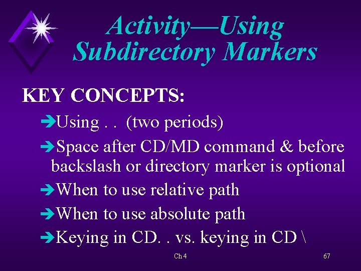 Activity—Using Subdirectory Markers KEY CONCEPTS: èUsing. . (two periods) èSpace after CD/MD command &