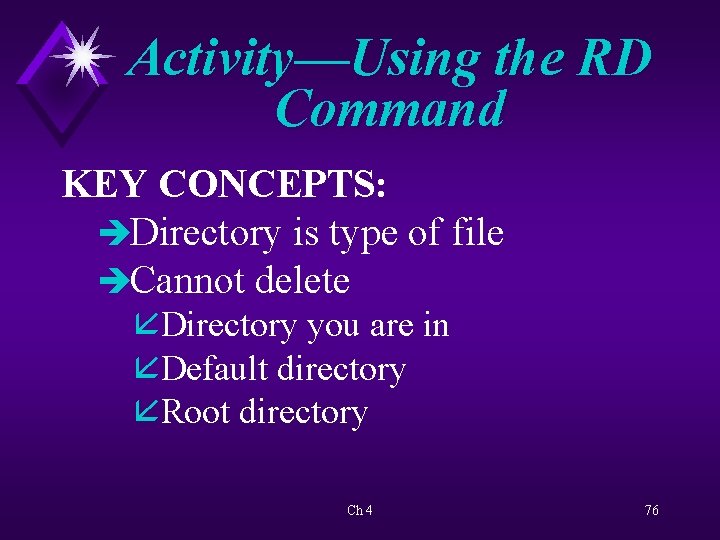 Activity—Using the RD Command KEY CONCEPTS: èDirectory is type of file èCannot delete åDirectory