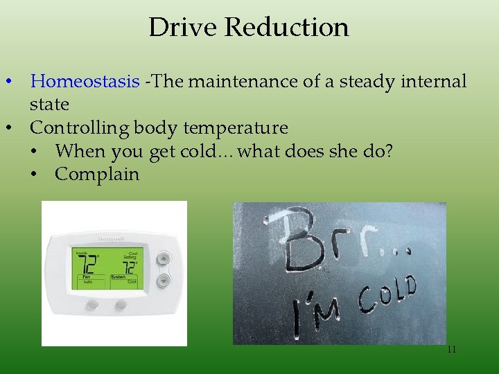 Drive Reduction • Homeostasis -The maintenance of a steady internal state • Controlling body