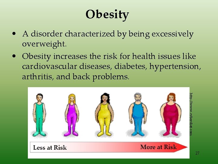 Obesity • A disorder characterized by being excessively overweight. • Obesity increases the risk