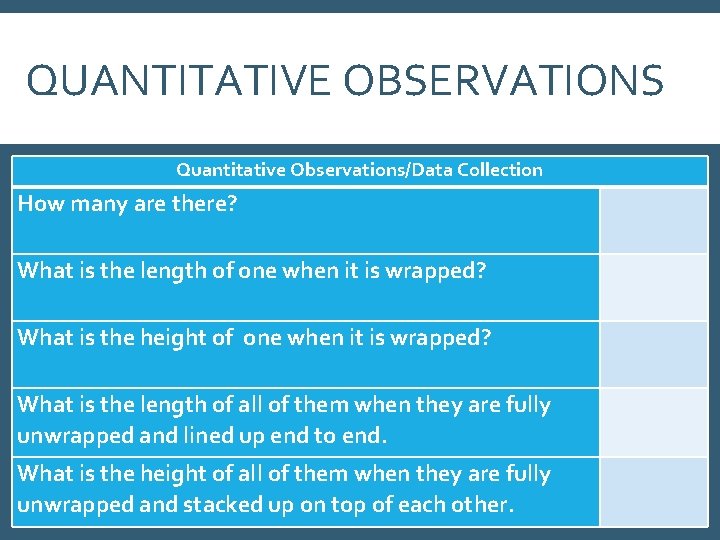 QUANTITATIVE OBSERVATIONS Quantitative Observations/Data Collection How many are there? What is the length of