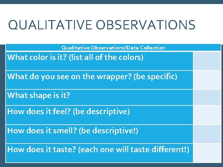 QUALITATIVE OBSERVATIONS Qualitative Observations/Data Collection What color is it? (list all of the colors)