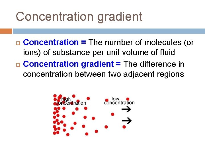 Concentration gradient Concentration = The number of molecules (or ions) of substance per unit