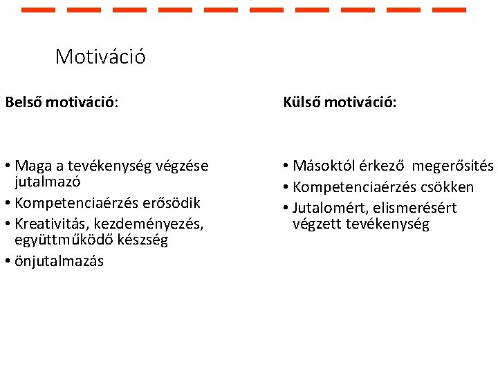 Motiváció Belső motiváció: Külső motiváció: • Maga a tevékenység végzése jutalmazó • Kompetenciaérzés erősödik