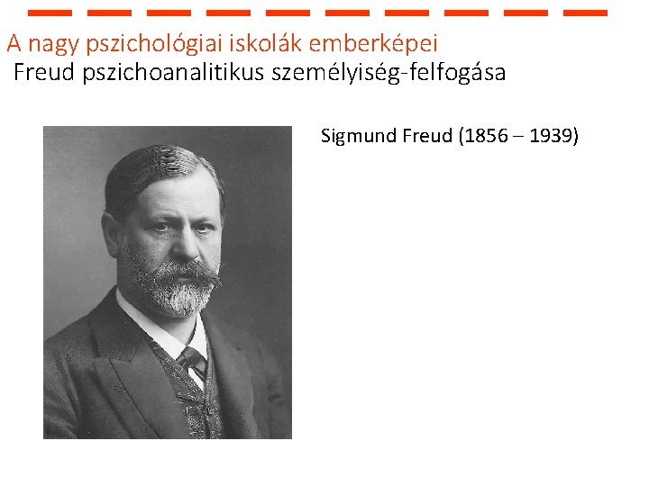 A nagy pszichológiai iskolák emberképei Freud pszichoanalitikus személyiség-felfogása Sigmund Freud (1856 – 1939) 