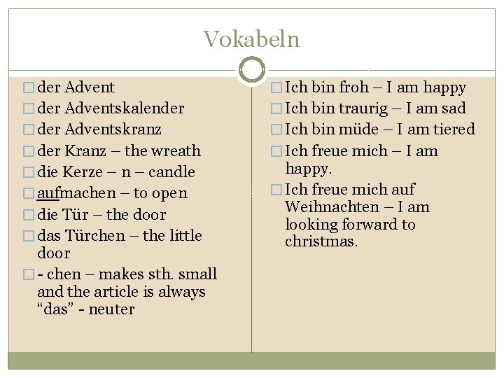 Vokabeln � der Advent � Ich bin froh – I am happy � der