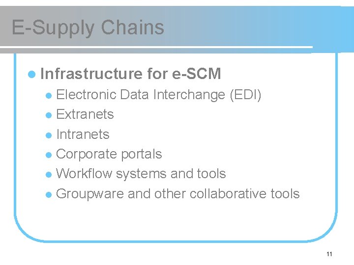E-Supply Chains l Infrastructure for e-SCM Electronic Data Interchange (EDI) l Extranets l Intranets