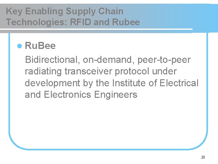 Key Enabling Supply Chain Technologies: RFID and Rubee l Ru. Bee Bidirectional, on-demand, peer-to-peer