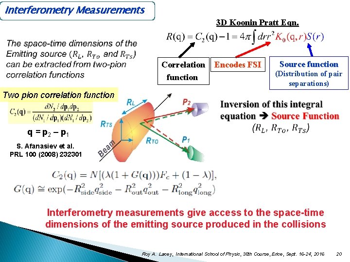 Interferometry Measurements 3 D Koonin Pratt Eqn. Correlation Encodes FSI function Source function (Distribution
