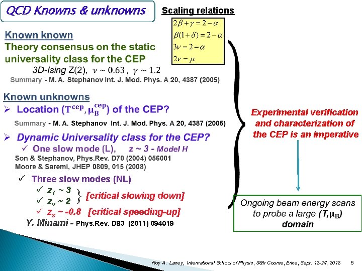 QCD Knowns & unknowns Scaling relations Experimental verification and characterization of the CEP is