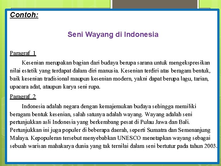 Contoh: Seni Wayang di Indonesia Paragraf 1 Kesenian merupakan bagian dari budaya berupa sarana