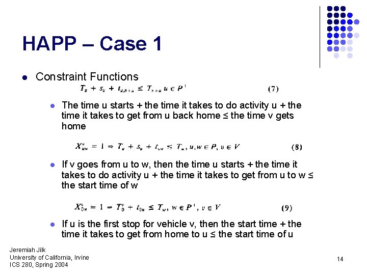 HAPP – Case 1 l Constraint Functions l The time u starts + the