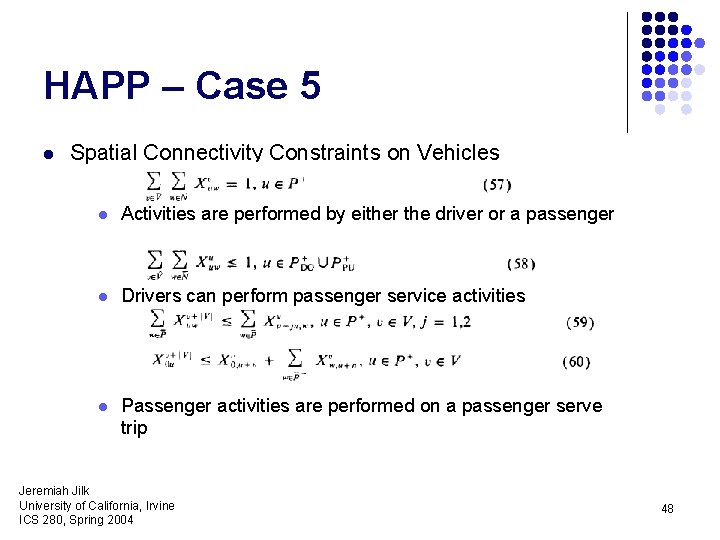 HAPP – Case 5 l Spatial Connectivity Constraints on Vehicles l Activities are performed