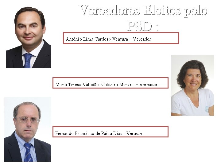 Vereadores Eleitos pelo PSD : António Lima Cardoso Ventura – Vereador Maria Teresa Valadão