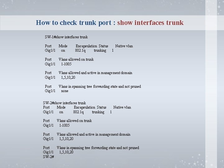 How to check trunk port : show interfaces trunk SW-1#show interfaces trunk Port Mode