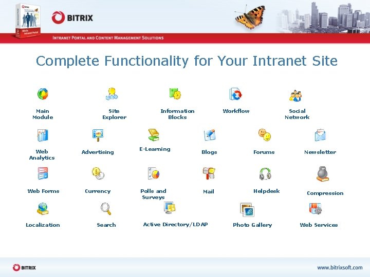 Complete Functionality for Your Intranet Site Main Module Site Explorer Web Analytics Advertising Web