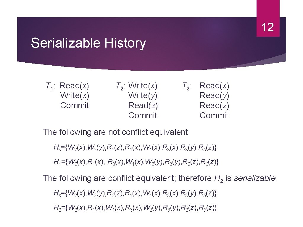 12 Serializable History T 1: Read(x) Write(x) Commit T 2: Write(x) Write(y) Read(z) Commit 12 Serializable History T 1: Read(x) Write(x) Commit T 2: Write(x) Write(y) Read(z) Commit
