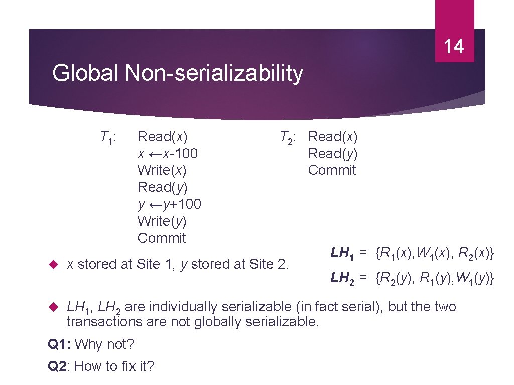 14 Global Non-serializability T 1: Read(x) x ←x-100 Write(x) Read(y) y ←y+100 Write(y) Commit 14 Global Non-serializability T 1: Read(x) x ←x-100 Write(x) Read(y) y ←y+100 Write(y) Commit