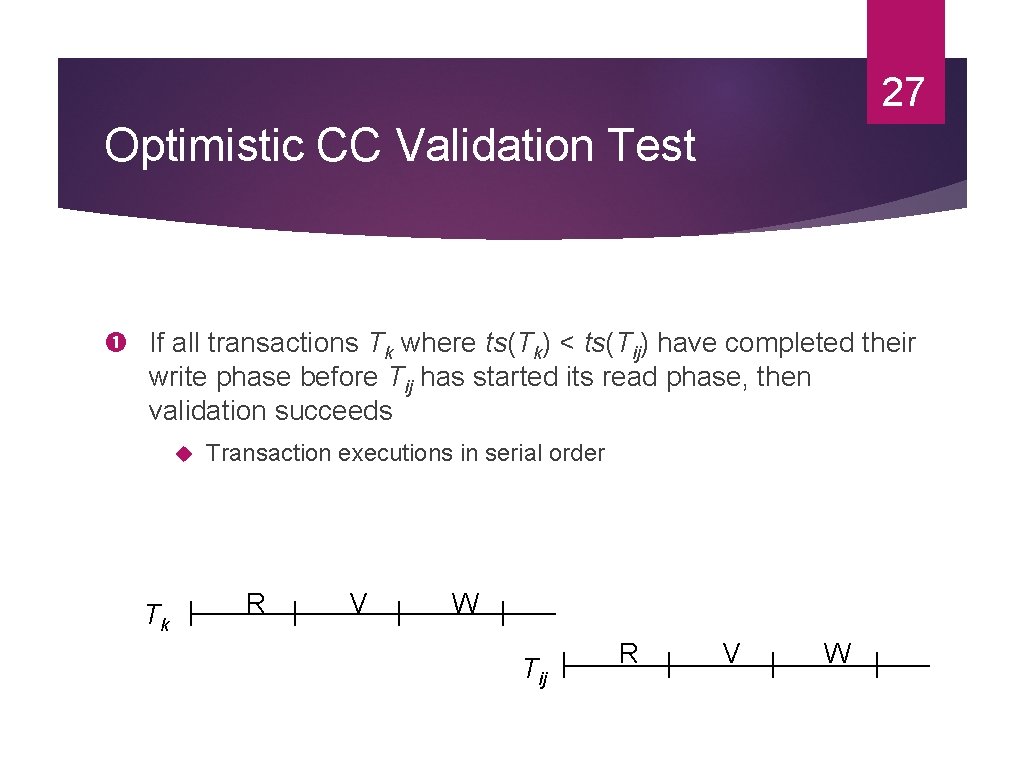 27 Optimistic CC Validation Test If all transactions Tk where ts(Tk) < ts(Tij) have 27 Optimistic CC Validation Test If all transactions Tk where ts(Tk) < ts(Tij) have