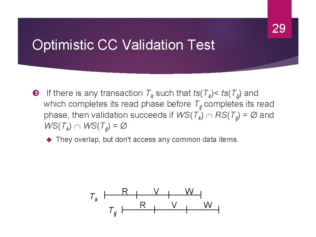 29 Optimistic CC Validation Test If there is any transaction Tk such that ts(Tk)< 29 Optimistic CC Validation Test If there is any transaction Tk such that ts(Tk)<