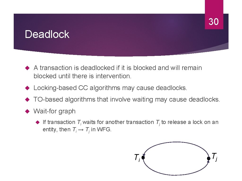 30 Deadlock A transaction is deadlocked if it is blocked and will remain blocked 30 Deadlock A transaction is deadlocked if it is blocked and will remain blocked