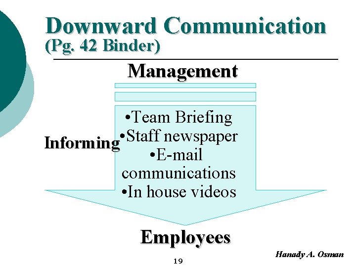 Downward Communication (Pg. 42 Binder) Management • Team Briefing Informing • Staff newspaper •