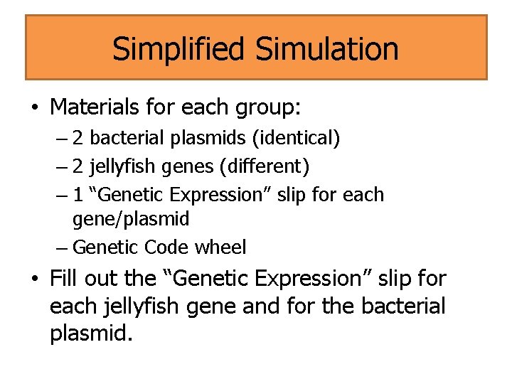 Simplified Simulation • Materials for each group: – 2 bacterial plasmids (identical) – 2
