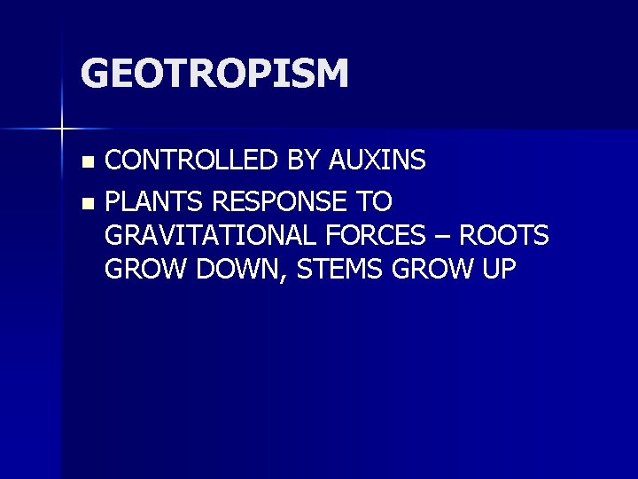 GEOTROPISM CONTROLLED BY AUXINS n PLANTS RESPONSE TO GRAVITATIONAL FORCES – ROOTS GROW DOWN,